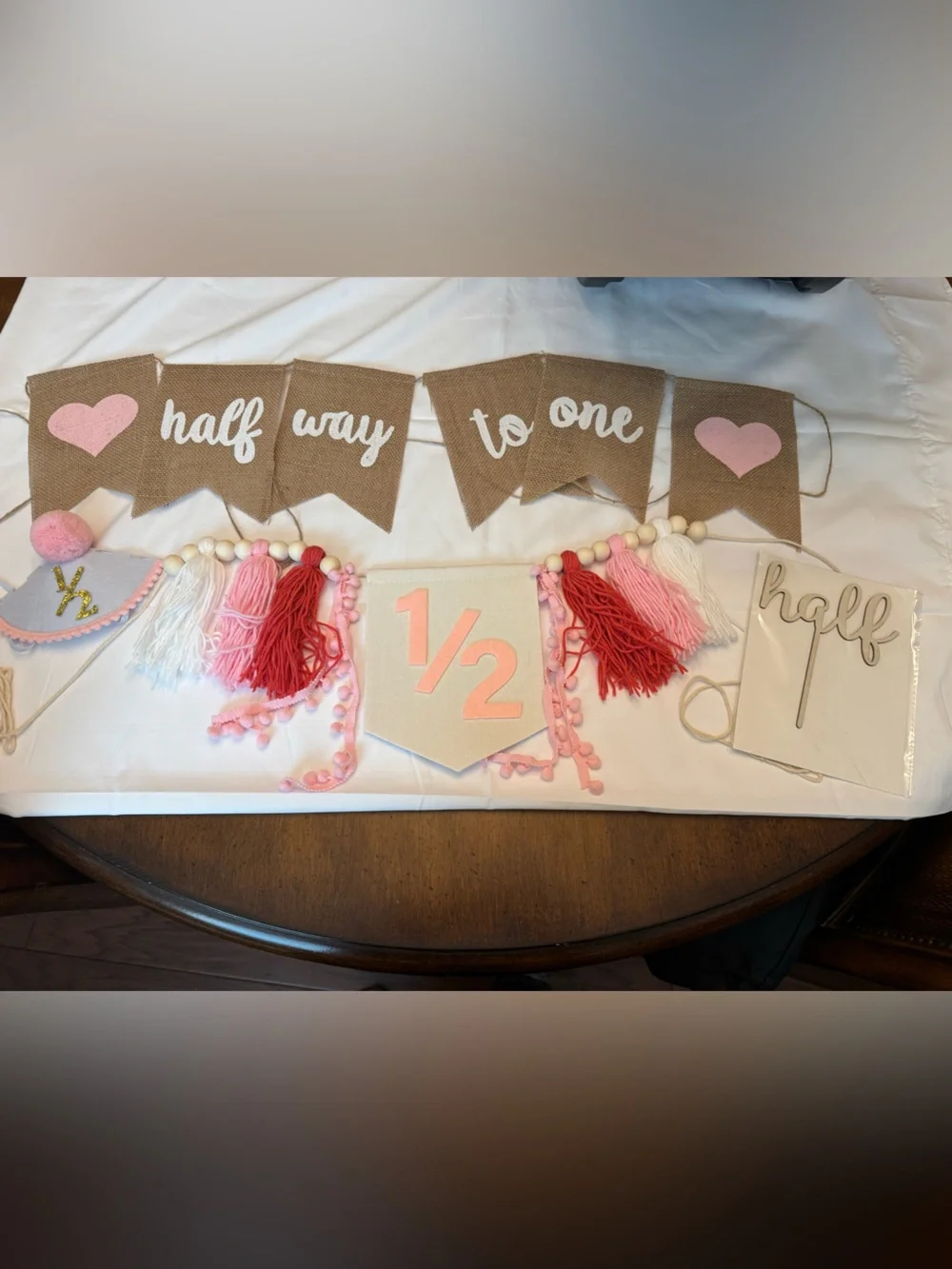 Halfway to One Pink Burlap Banner and Tassel Party Kit